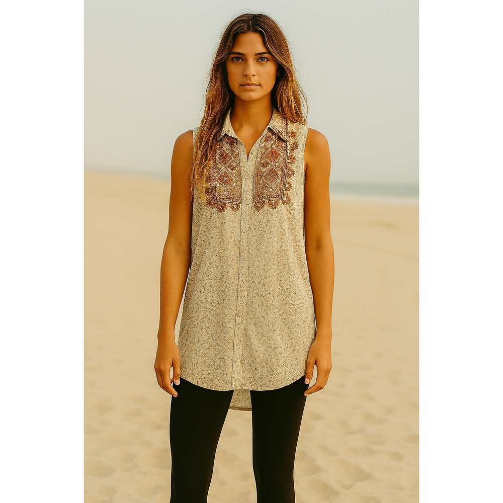 Angie Womens Floral Embroidered Sleeveless Button Down‎ Top Boho Bohemian S
